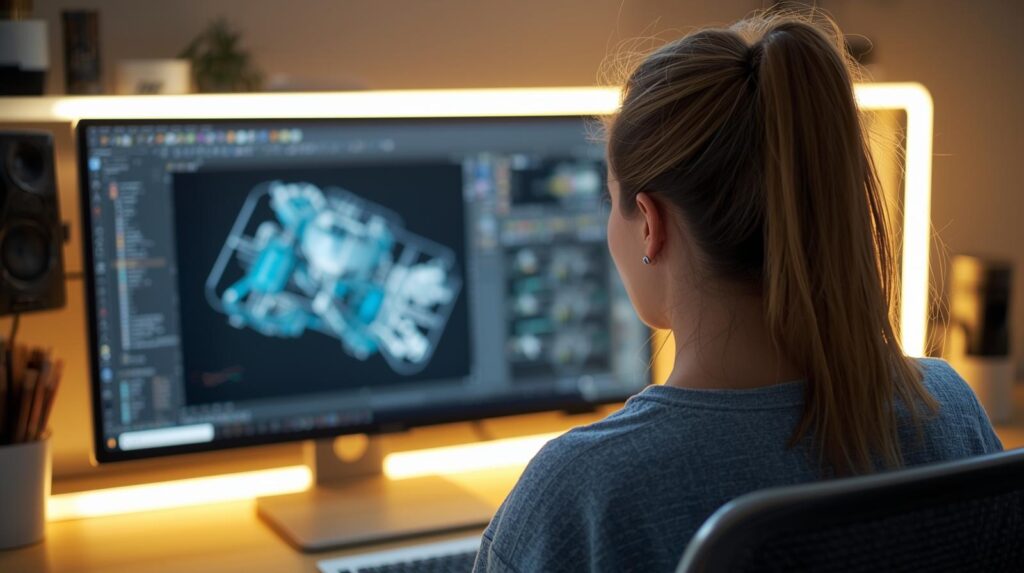 stworz obraz pracujacego grakifa 3d, kobiety, ktorej twarzy nie widac