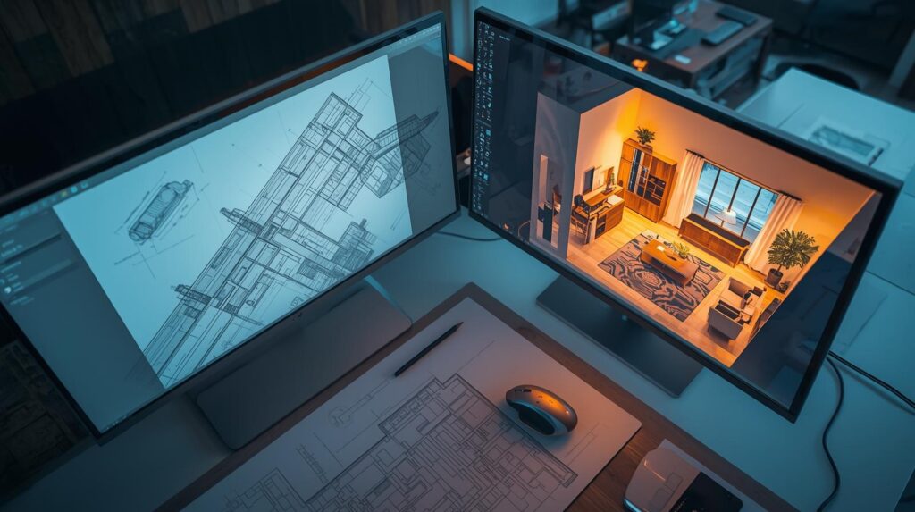 stworz zdjecie procesu projektowania wizualizacji pomieszczenia 3d z rzutu technicznego 2d na komputerze